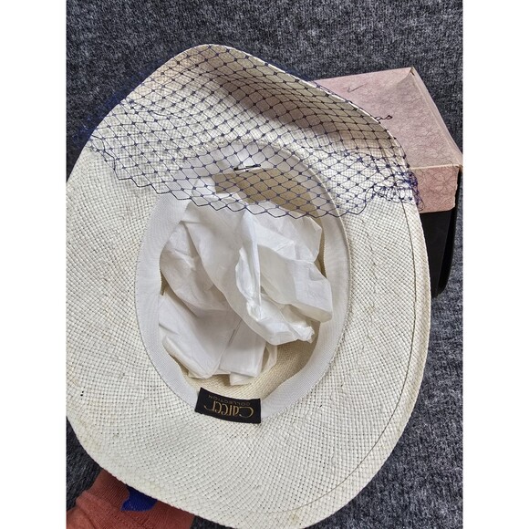 Career Collection Womens Vintage Hat Brimmed Beige Blue Ribbon w Original Box - Picture 6 of 11